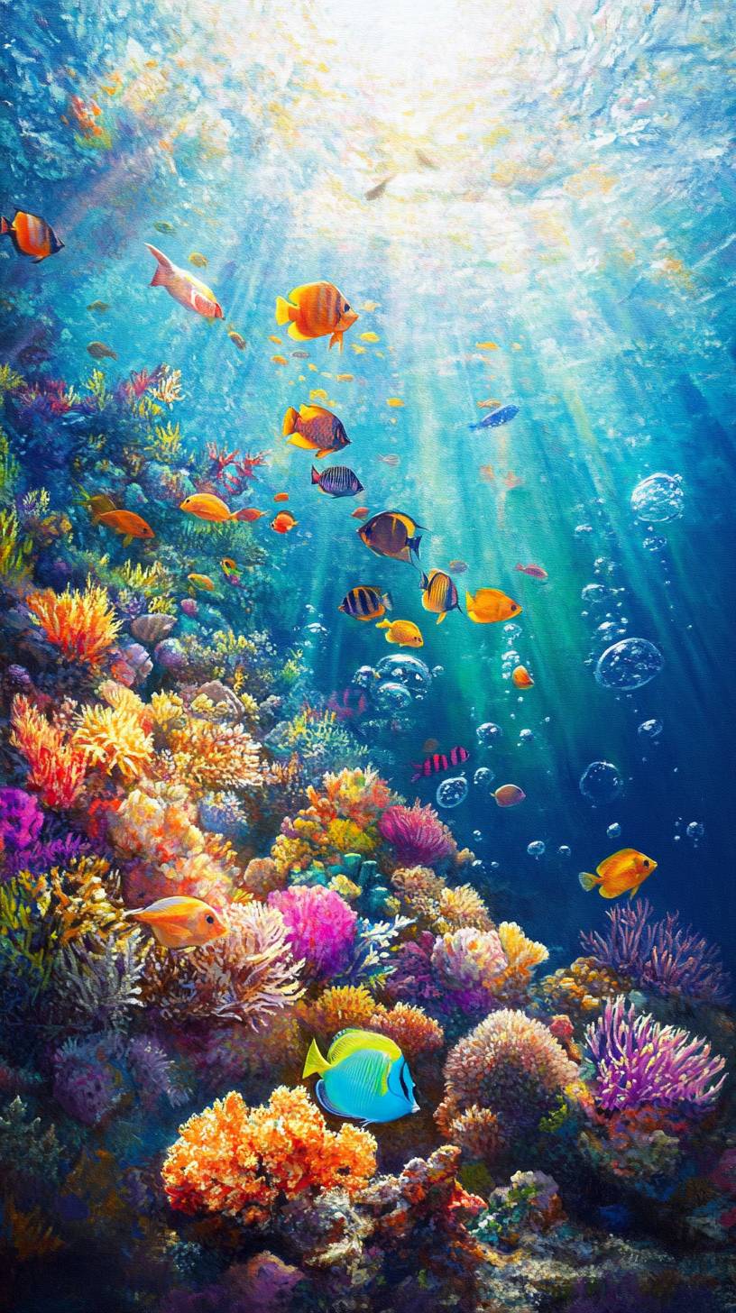 Ein lebendiges Korallenriff mit tropischen Fischen, die in klarem, sonnigen Wasser schwimmen.