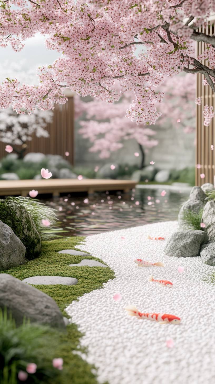 Un jardin zen japonais paisible avec du gravier blanc soigneusement ratissé, des fleurs de cerisier tombant et un étang de carpes reflétant les pétales.
