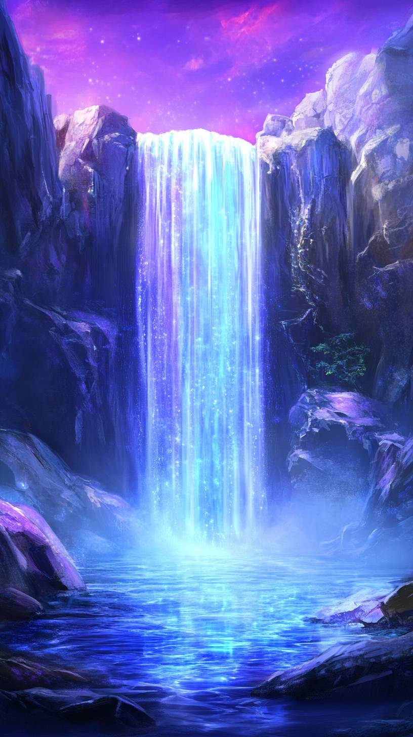 Etherealer Wasserfall, der in einen Kristallpool fällt