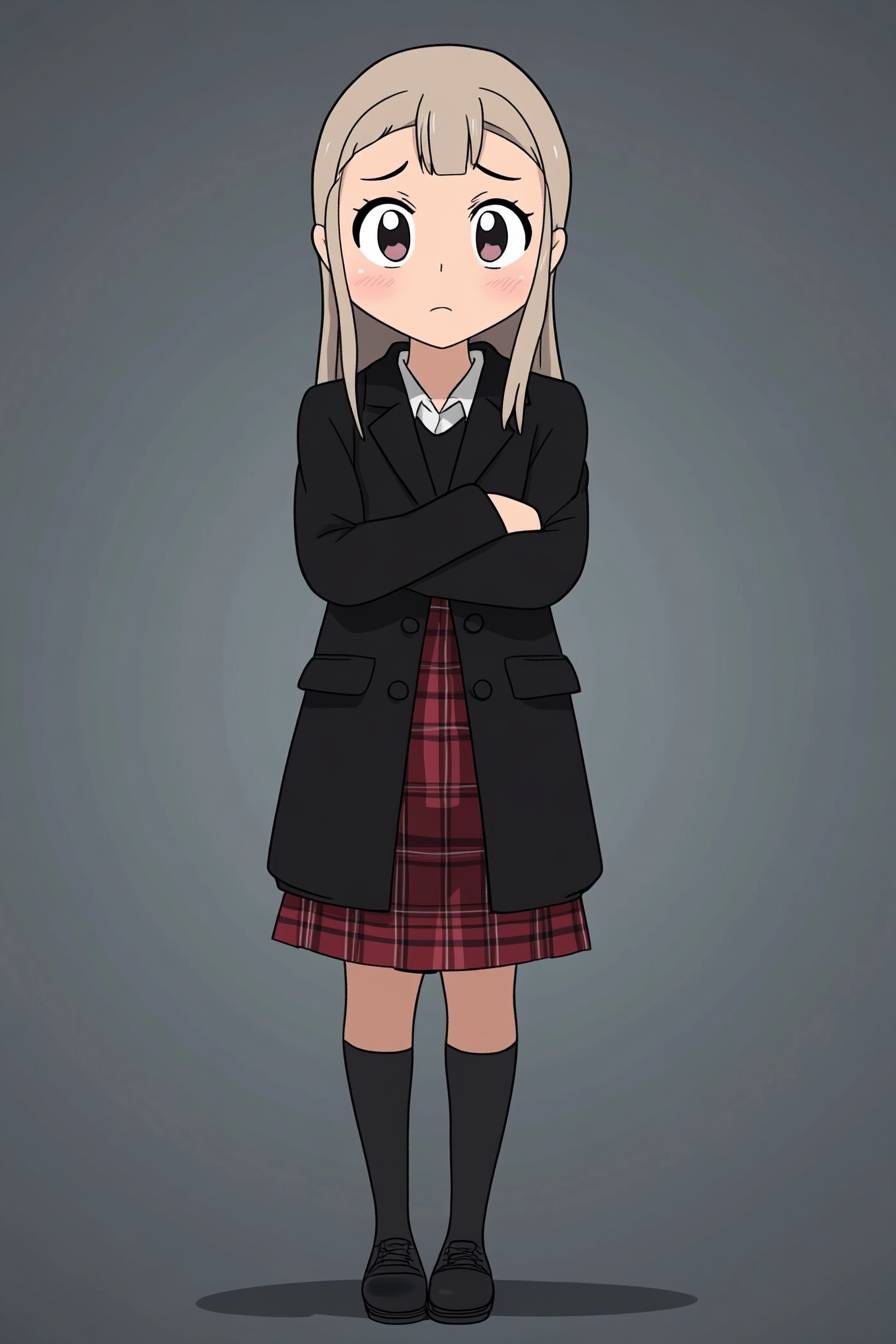 Макам Альбарн (Soul Eater) в черном пальто и клетчатой юбке, изображенная в стиле Студии Гибли.