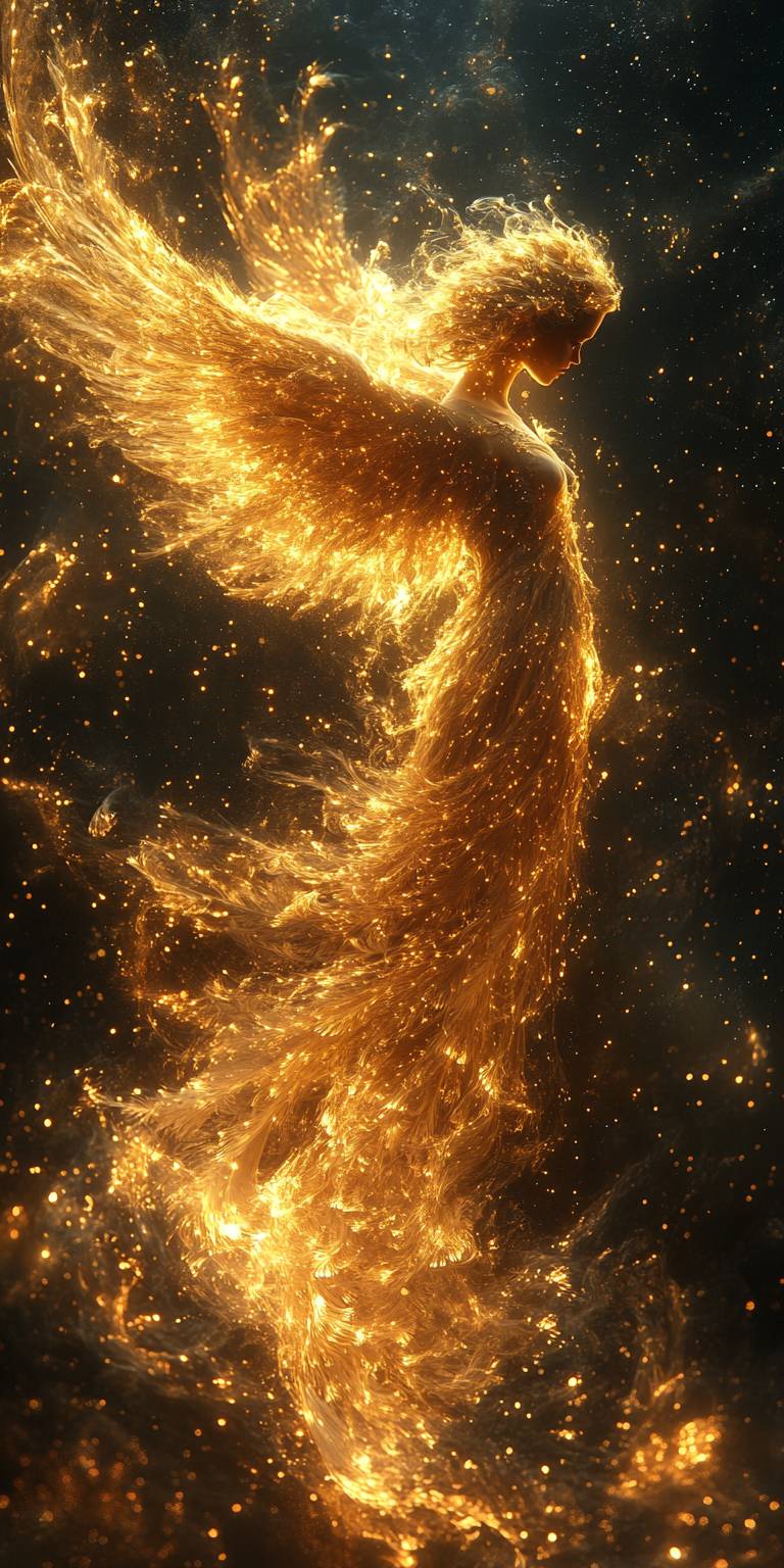 星空から降りてきた天使、金色の光と羽を持つ。