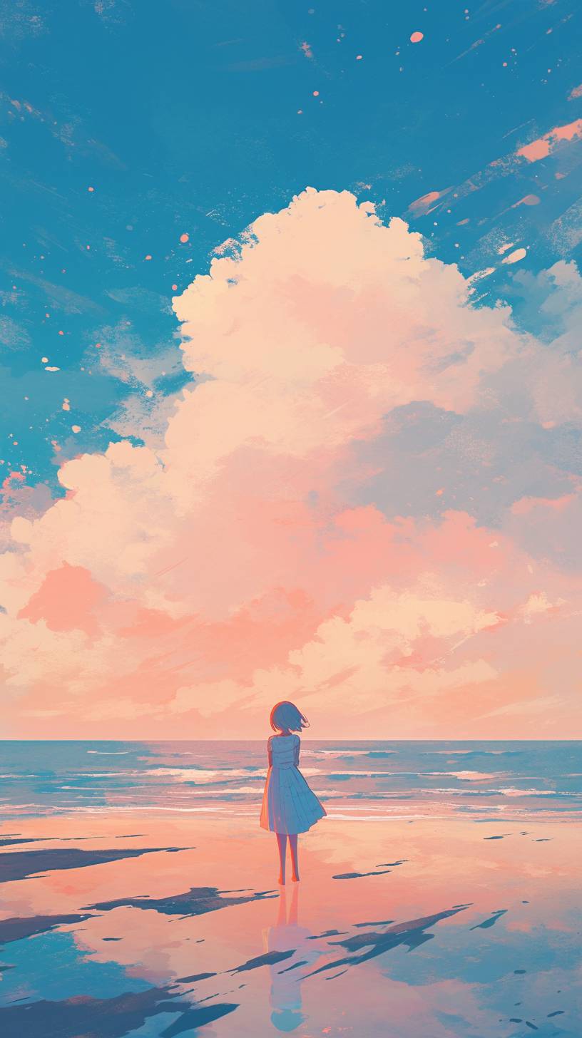 動漫角色站在寧靜的海灘上，氛圍寧和。