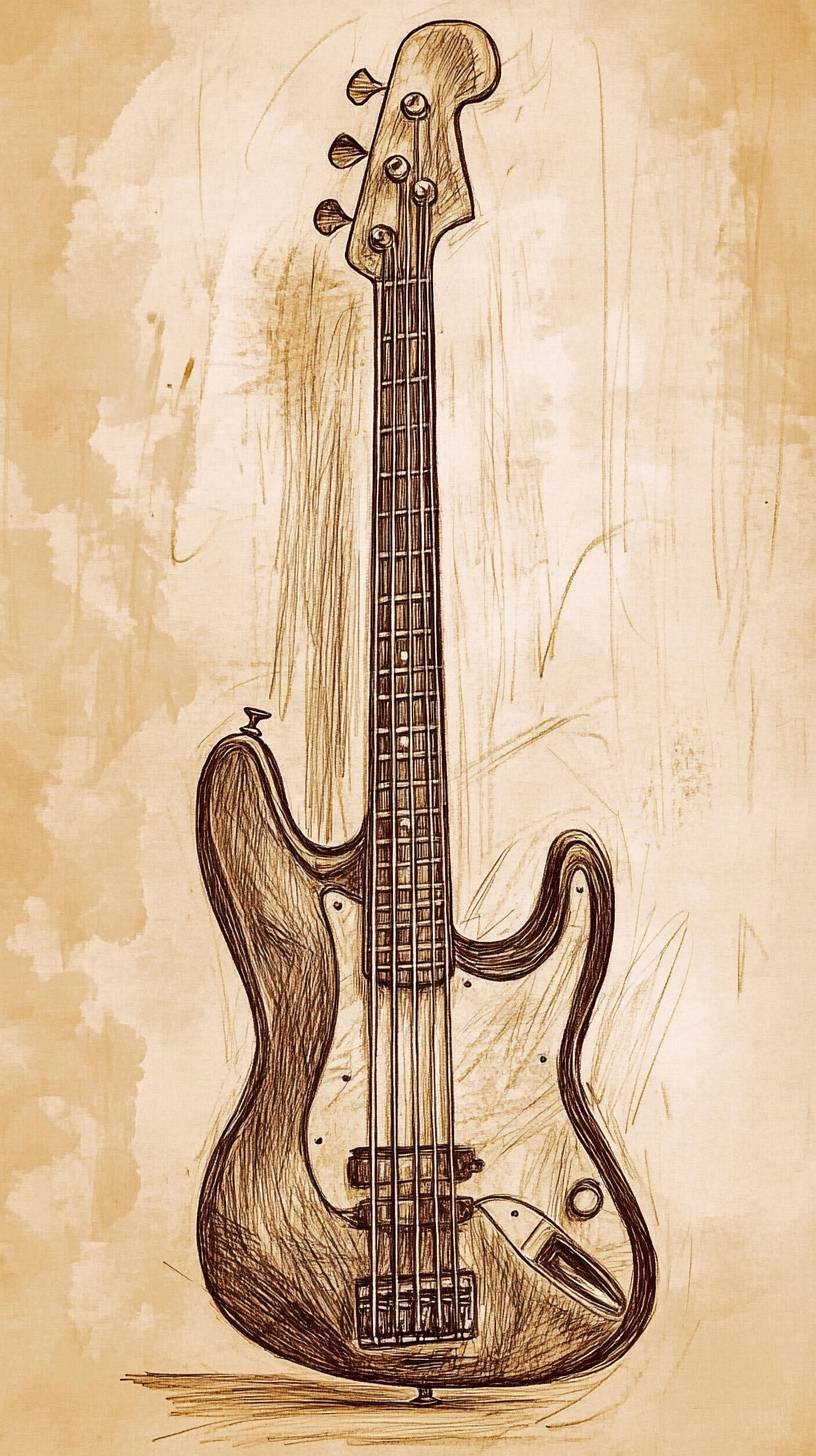 Dessin de guitare minimaliste, tons bruns doux, trait unique, style calme