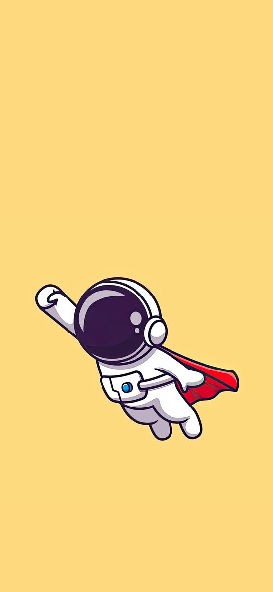 Un astronaute mignon en combinaison spatiale blanche et cape rouge vole sur un fond jaune avec un bras levé comme un super-héros