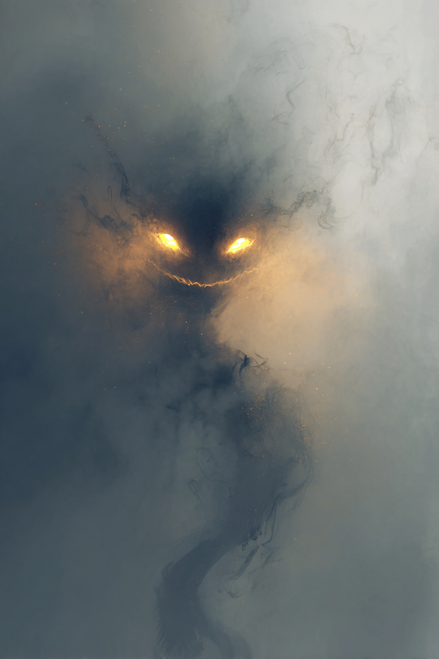 Crie uma imagem esfumaçada de um demônio indefinido com olhos amarelos brilhantes.