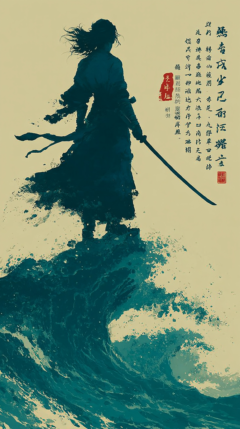 一位女性劍客站在懸崖頂上，身著漢服，劍尖留有淡淡的墨跡