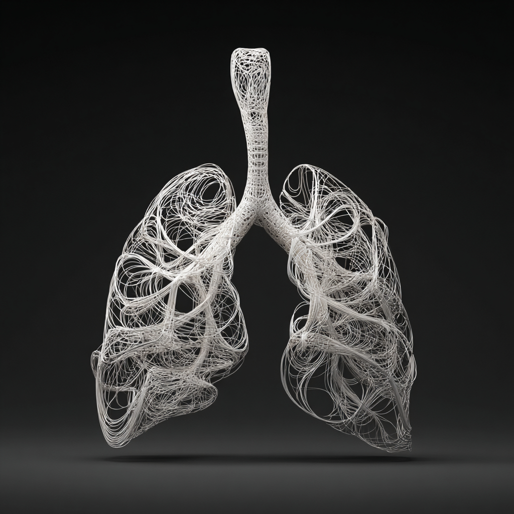 Una forma de pulmón hecha de alambres entrelazados y rejillas de ventilación