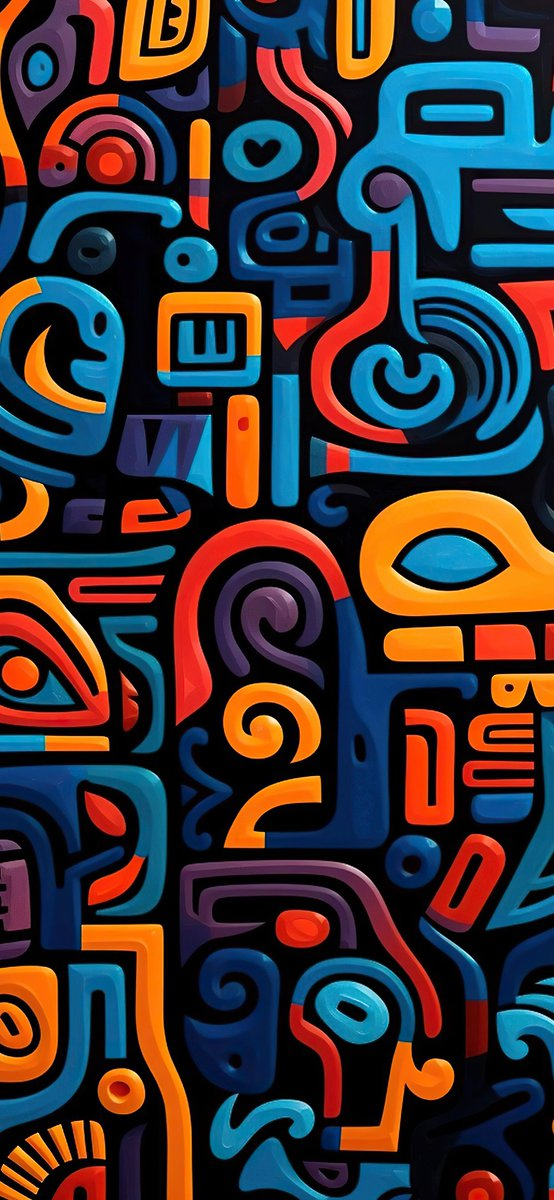 Esta é uma peça de arte abstrata com fundo preto e cores vibrantes como azul, laranja, vermelho e roxo, apresentando formas geométricas e curvilíneas intrincadas, misturando estilos de arte modernos e tribais