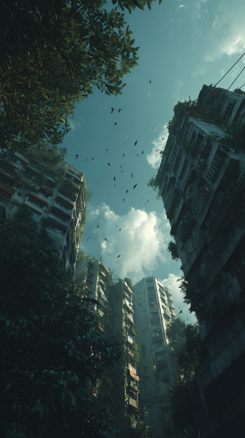 A post-apocalyptic city overtaken by nature with birds flying near overgrown buildings and rivers