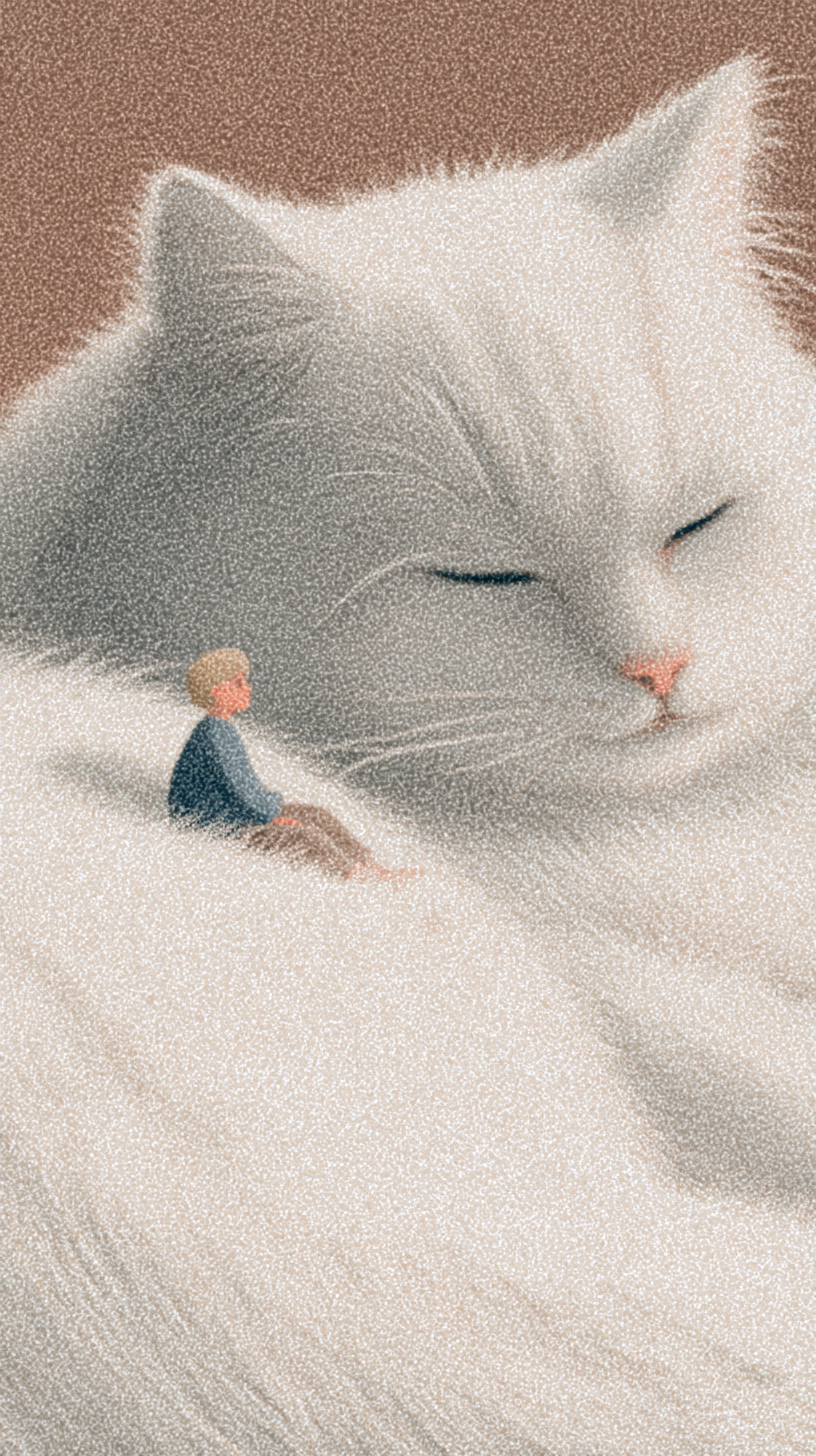 Eine skurrile handgezeichnete Kinderbuchillustration zeigt einen fröhlichen Miniaturmenschen, der friedlich auf einer übergroßen flauschigen weißen Katze liegt, sanft goldenes Licht betont das ultra-weiche Fell