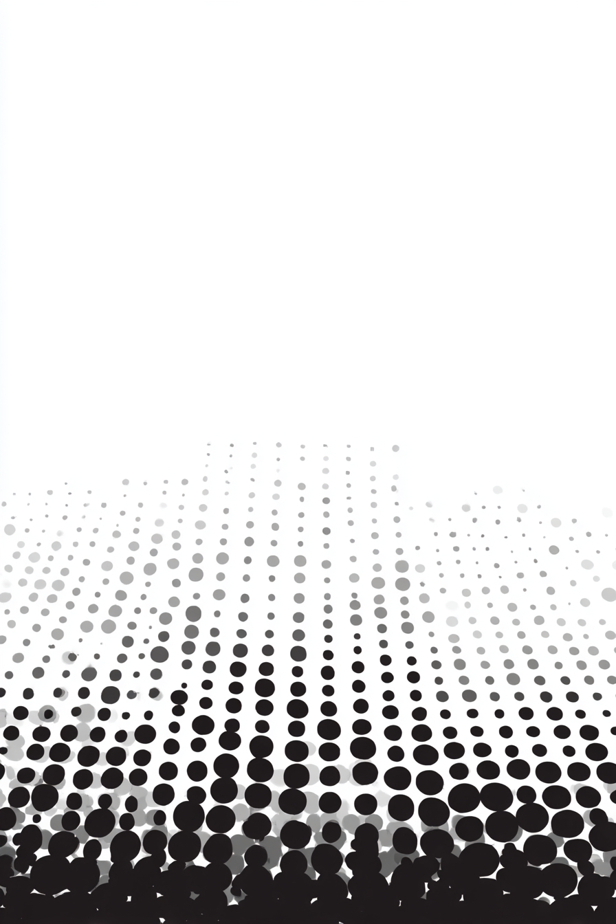 A high-resolution abstract design featuring black circular dots densely clustered at the bottom and gradually dispersing upward on a pure white background