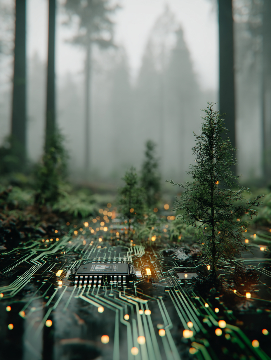 Digital circuitry patterns blend with natural forest texture, showcasing an eco-futuristic feel