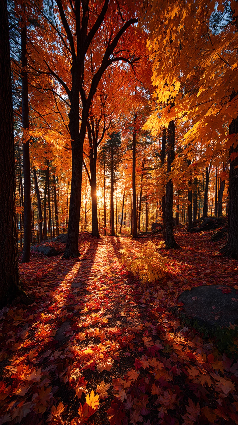 Une scène de forêt automnale avec des feuilles dorées, ambrées et cramoisies recouvrant le sol