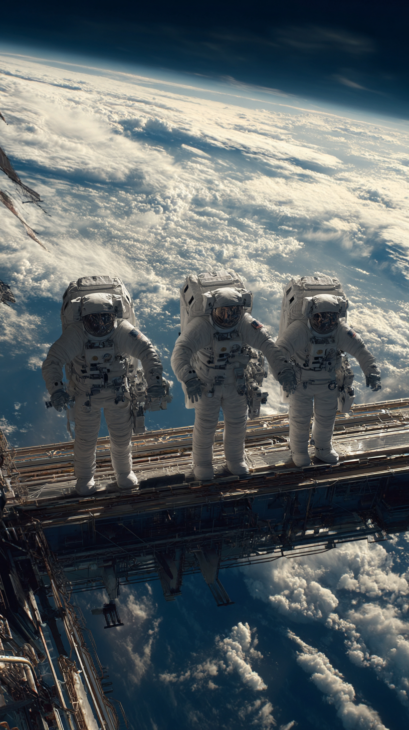 3人の宇宙飛行士が地球の下にある軌道上の大きな構造物のプラットフォームに立っています。