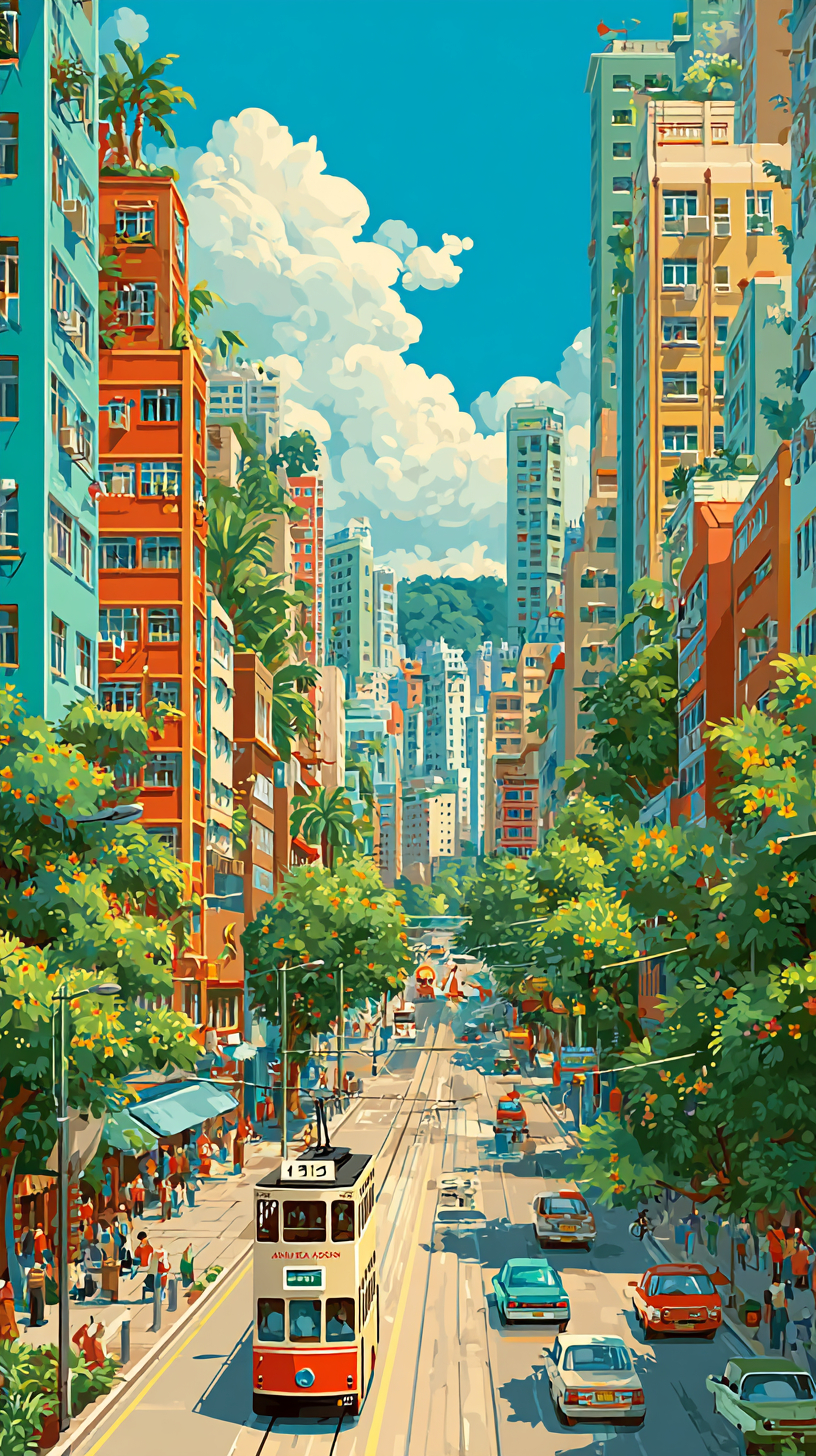 A vibrant cartoon illustration of a Hong Kong scene featuring colorful buildings and bustling streets