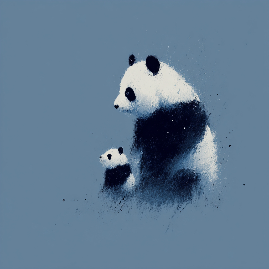 Panda und ihr Jungtier, minimalistischer Kunststil