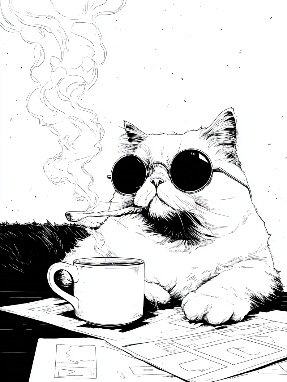 Dessin en ligne simple d'un chat fumant un joint à son bureau avec des lunettes de soleil