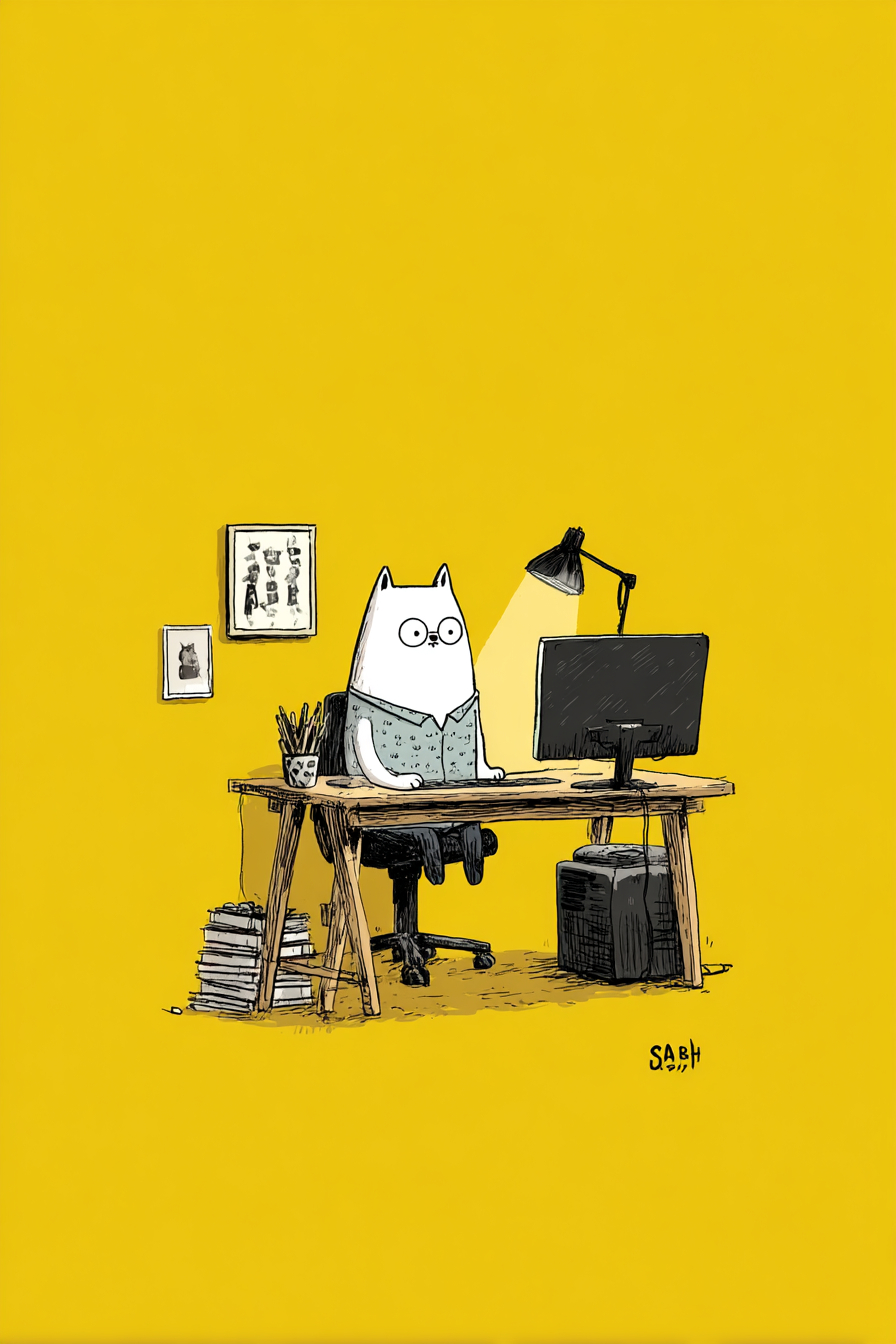 A cute white cat wearing a shirt is sitting at a computer desk