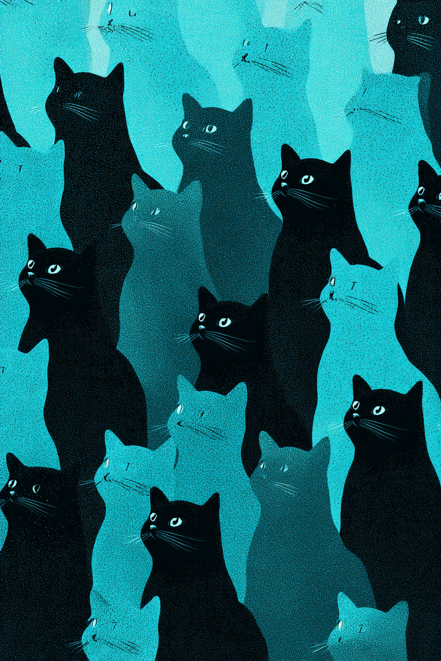 Motif sans couture avec de nombreux petits chats noirs sur un fond bleu-vert