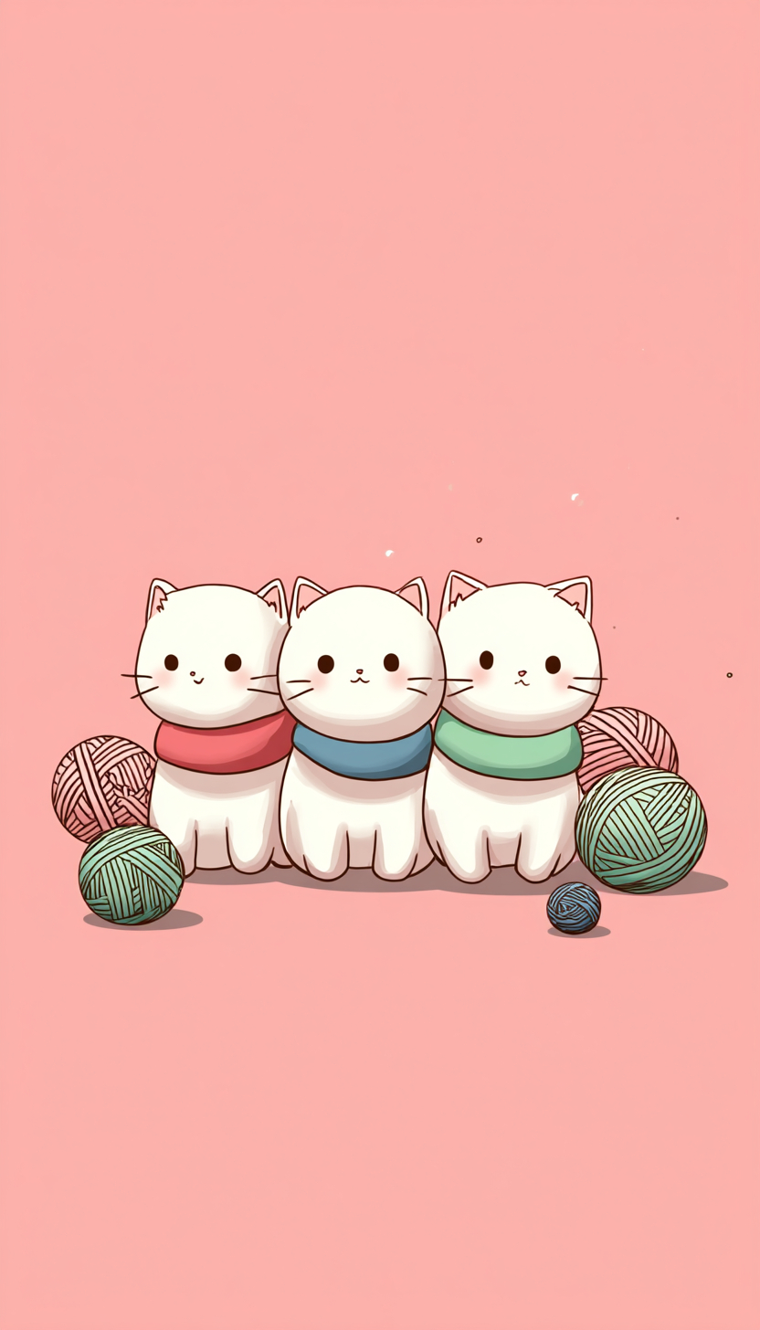Three small white kittens wearing soft red, green, and blue collars