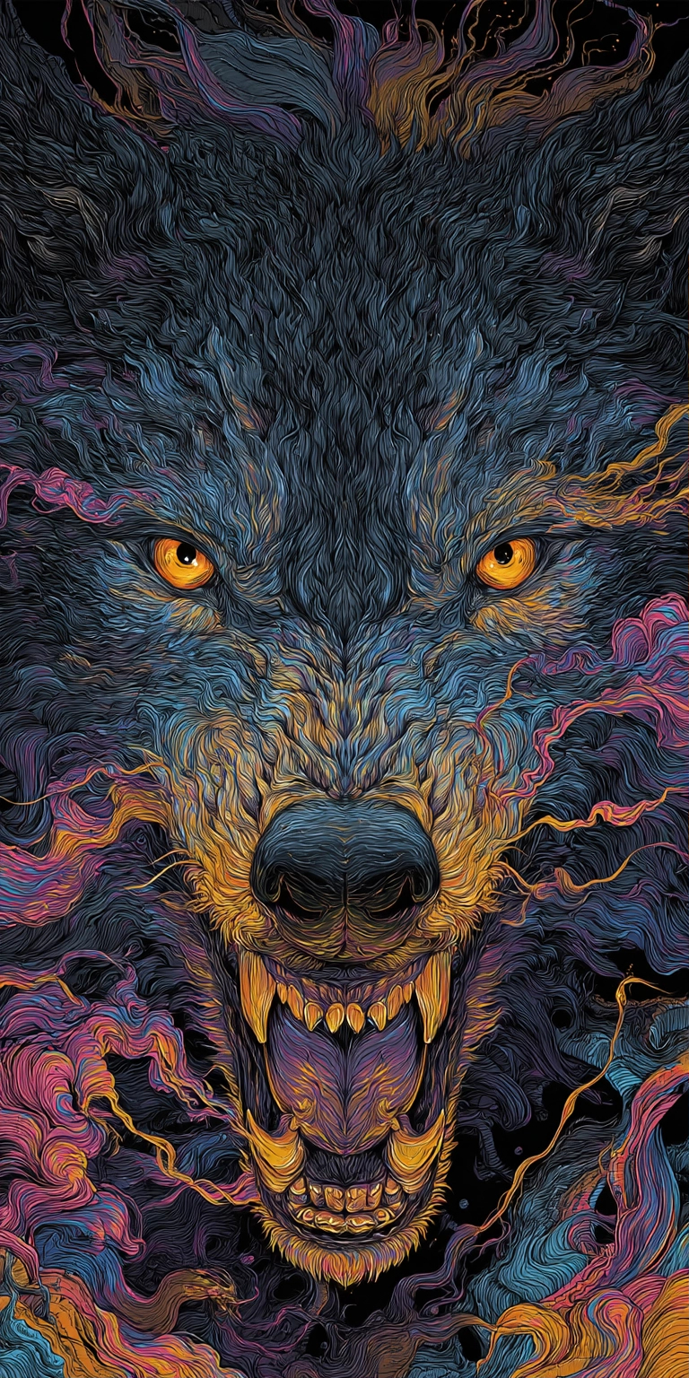 Retrata um lobo ultrarrealista com uma aparência agressiva e cores psicodélicas contra um fundo preto