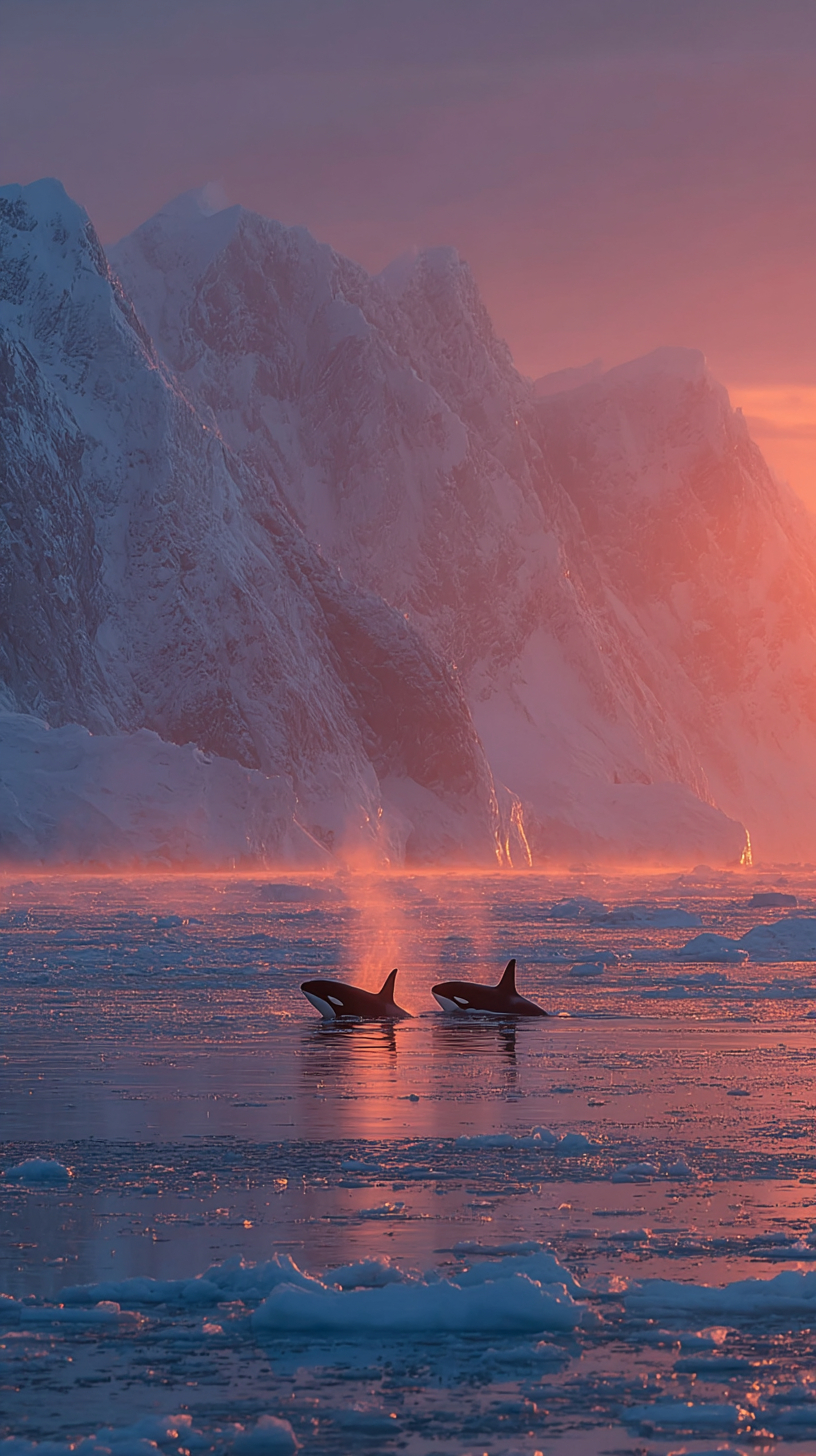 This is an ultra-realistic minimalist photo of two Antarctic orcas against a vast white glacial sea at sunrise