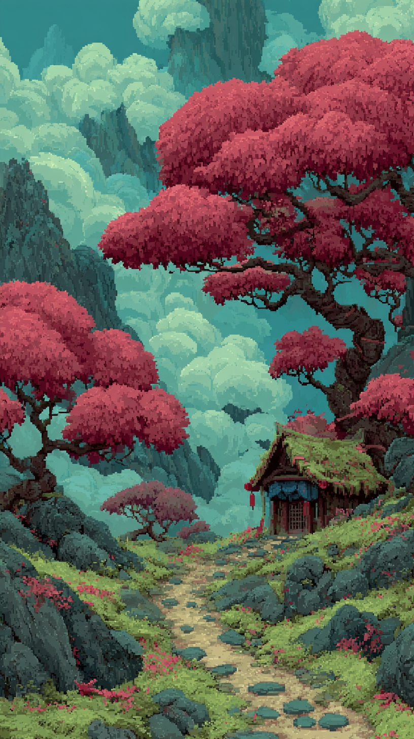 Un paysage fantastique mystique d'Asie de l'Est avec un autel sacré abritant un œuf de dragon dans une luxuriante forêt de bambou, serein et plein de mystère.