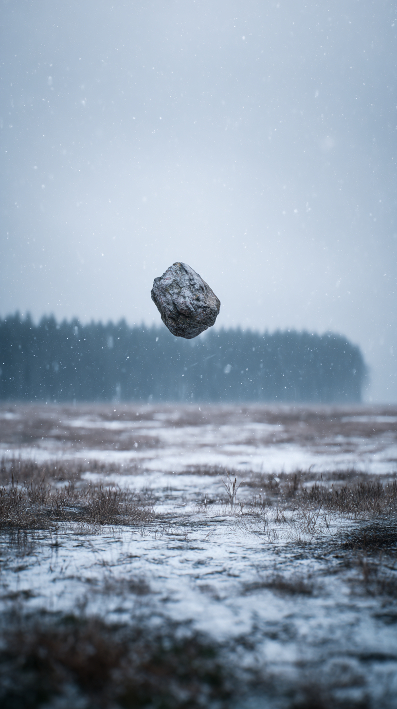 雪天的軍事訓練場上，一塊小石頭在空中飛翔