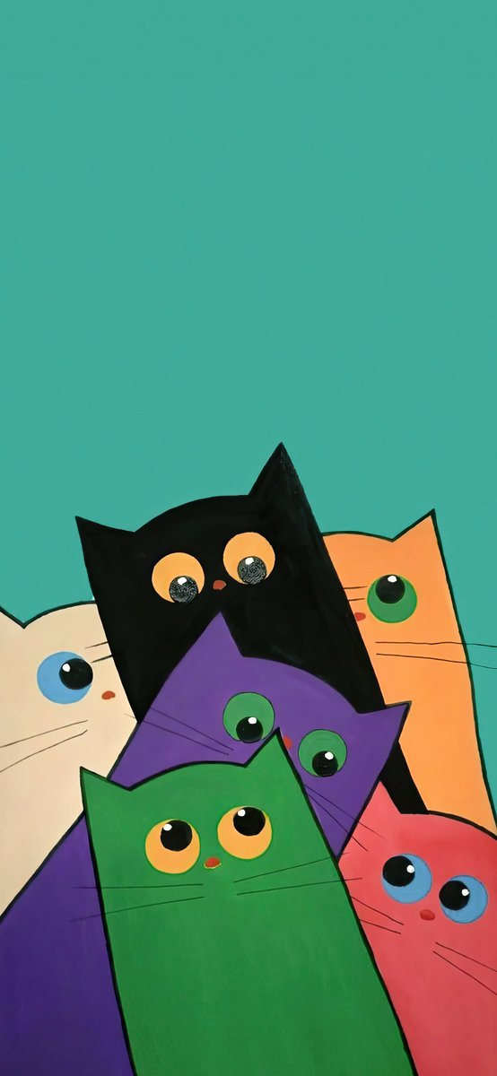 Siete gatos con grandes ojos expresivos están acurrucados juntos contra un fondo teal sólido