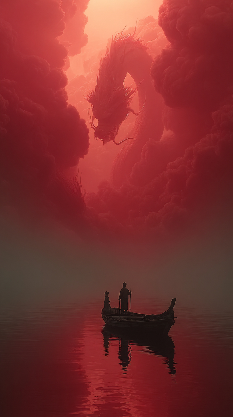 Um enorme dragão chinês vermelho paira sobre o barco