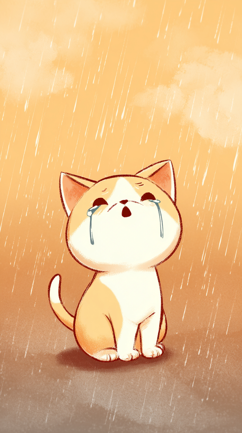 Un mignon chaton en cartoon pleurant sous la pluie