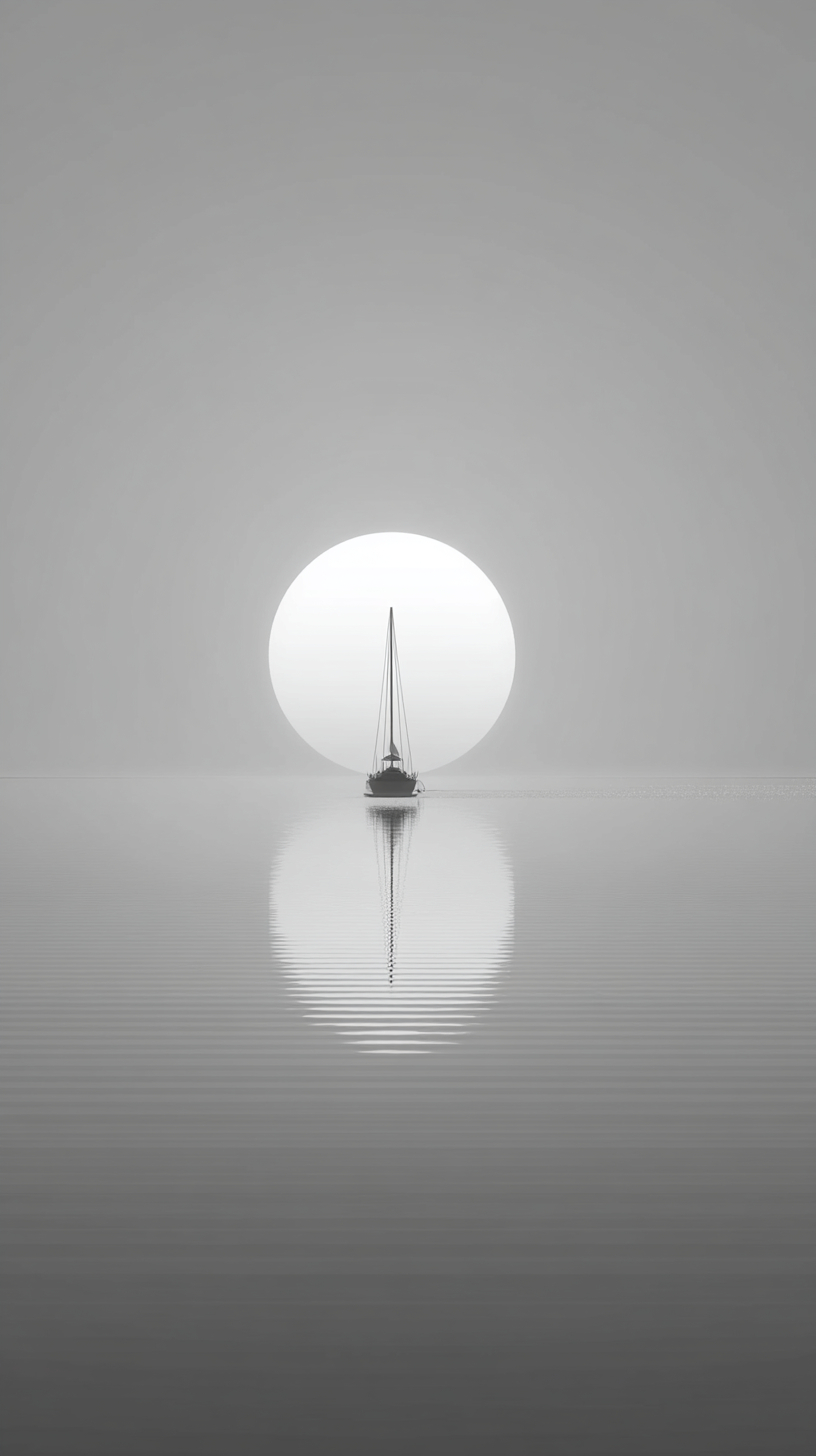 A minimalist design featuring a white boat in the center and a large sun