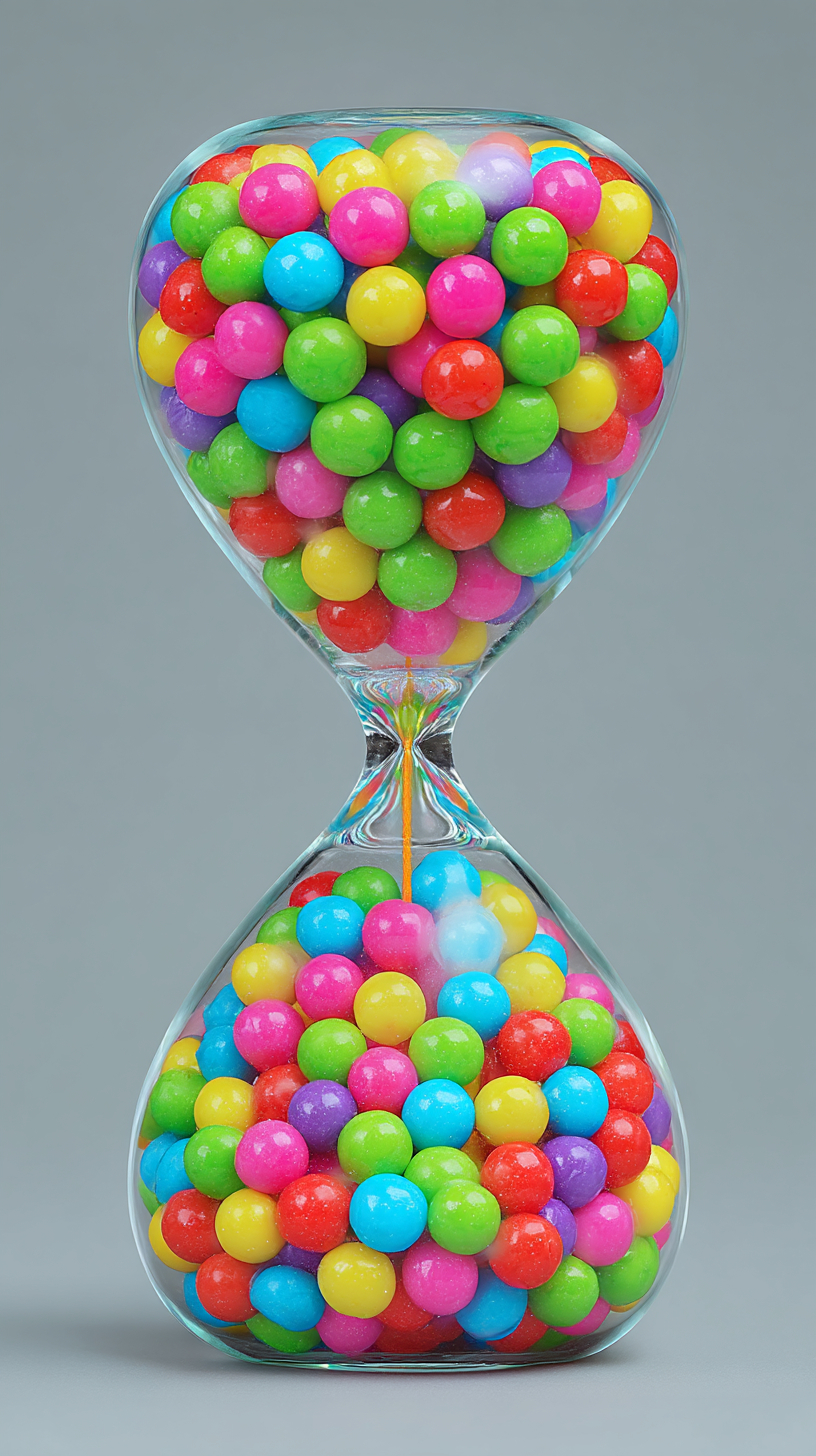 Una foto de estudio de un reloj de arena lleno de bolitas de chicle en lugar de arena.