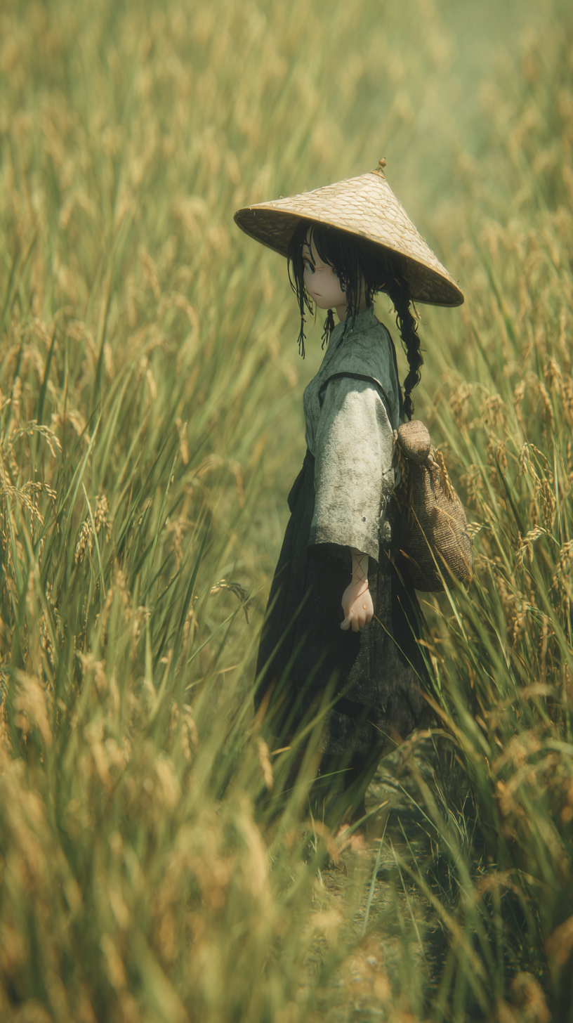 Un agricultor de cabello negro pasea por un campo de arroz