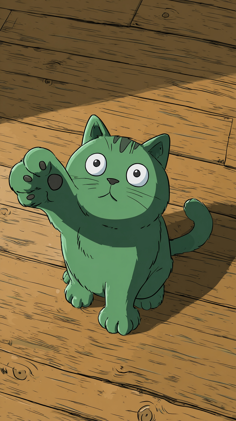 Un chat vert assis sur le sol tendant le bras vers le spectateur