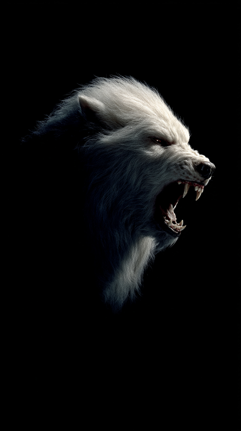 Uma cabeça de lobo branco zangado em um fundo preto