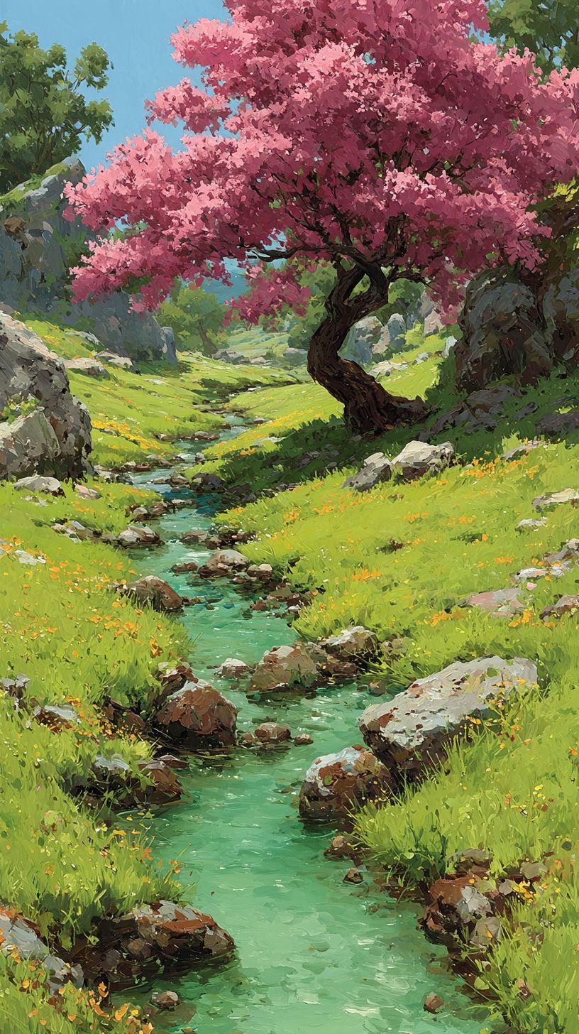 A sunlit meadow filled with colorful wildflowers and blooming cherry blossoms portrays a scene of peace and joy