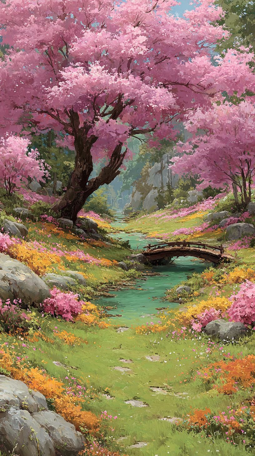A sunlit meadow features green grass, pastel wildflowers, and a cherry blossom tree