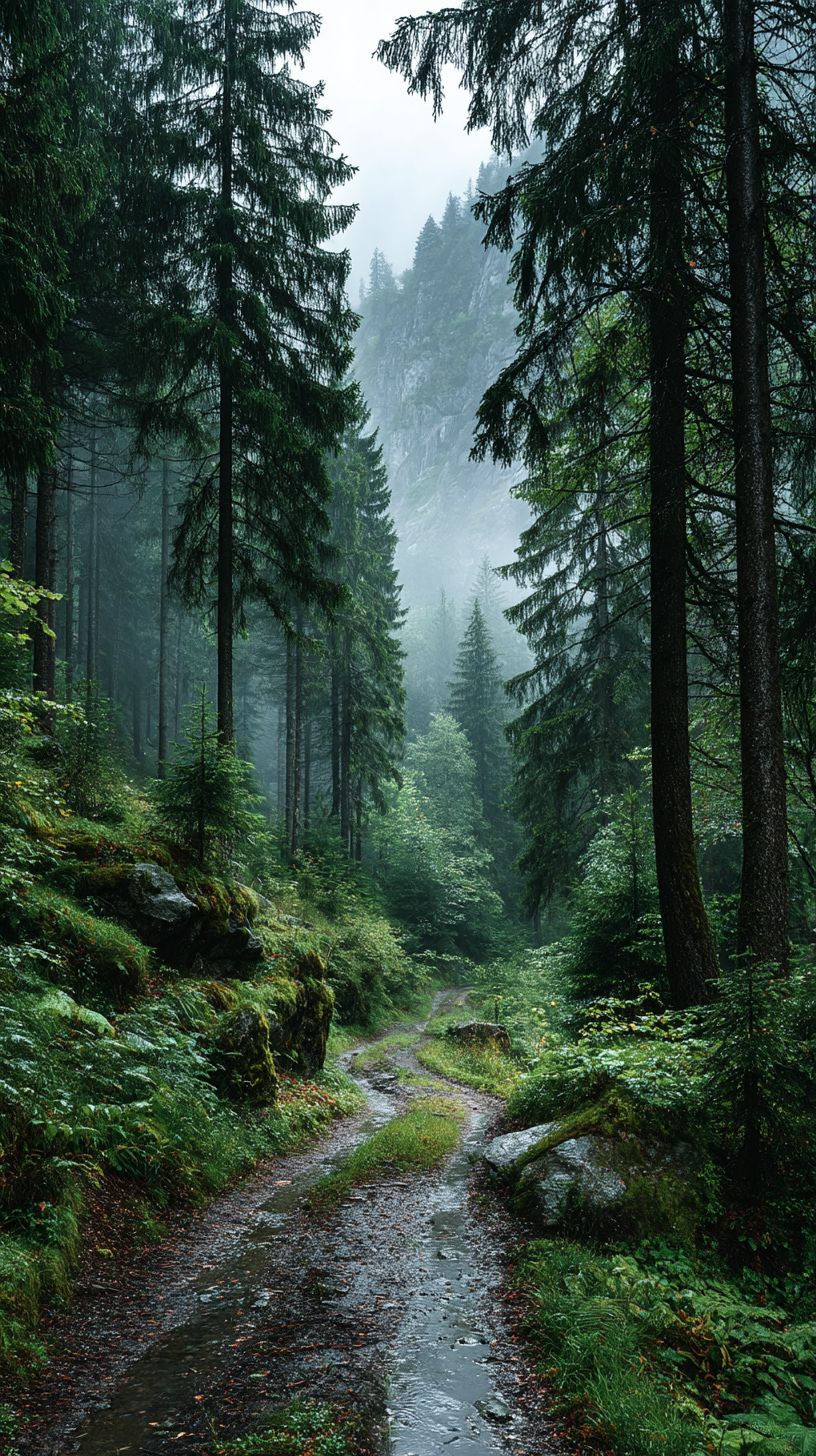 Hermosos bosques verdes y calles húmedas son excelentes opciones para fondos de pantalla de teléfonos móviles