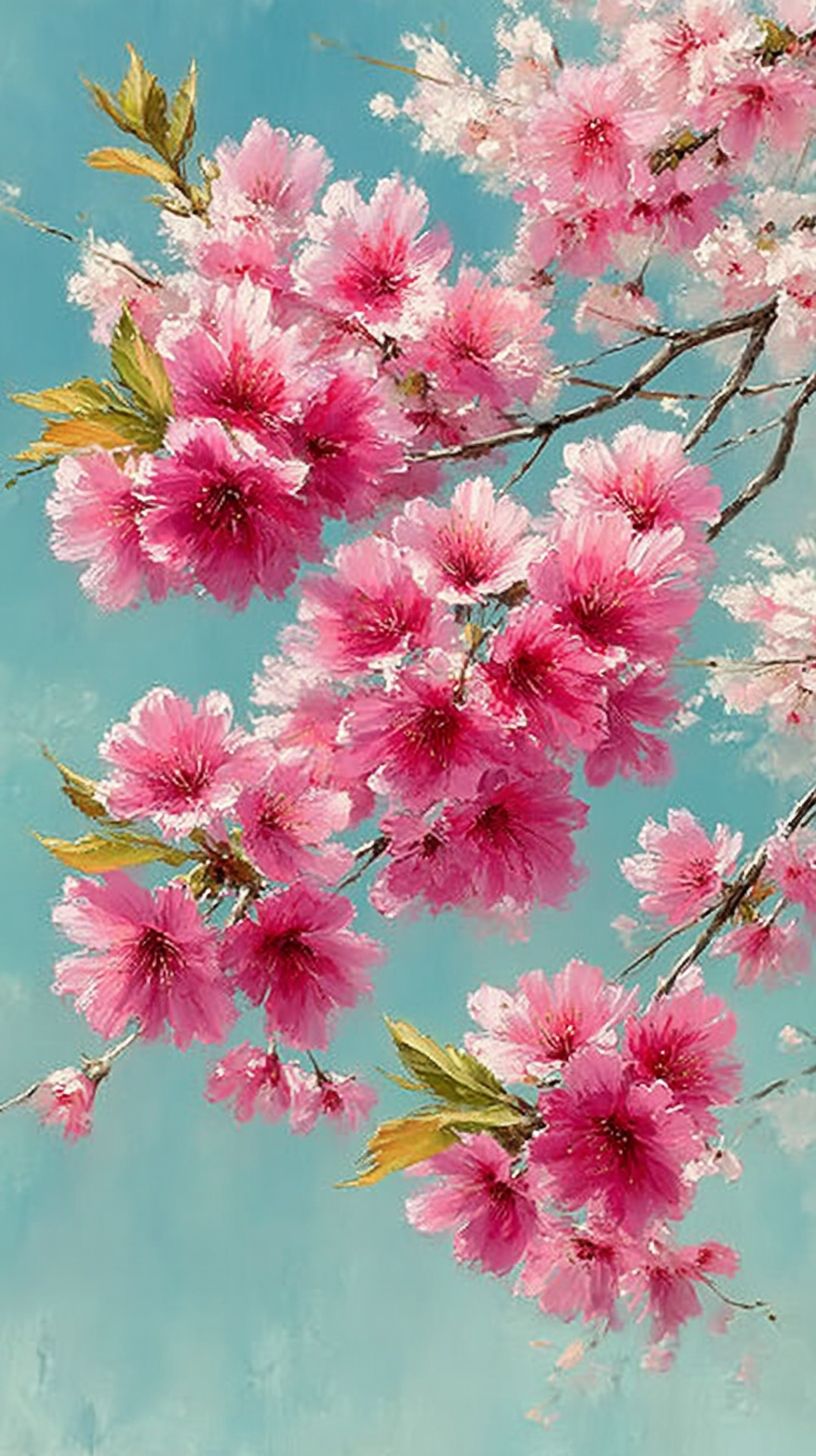 This is an oil painting of a cherry blossom tree with vibrant pink petals and soft green leaves