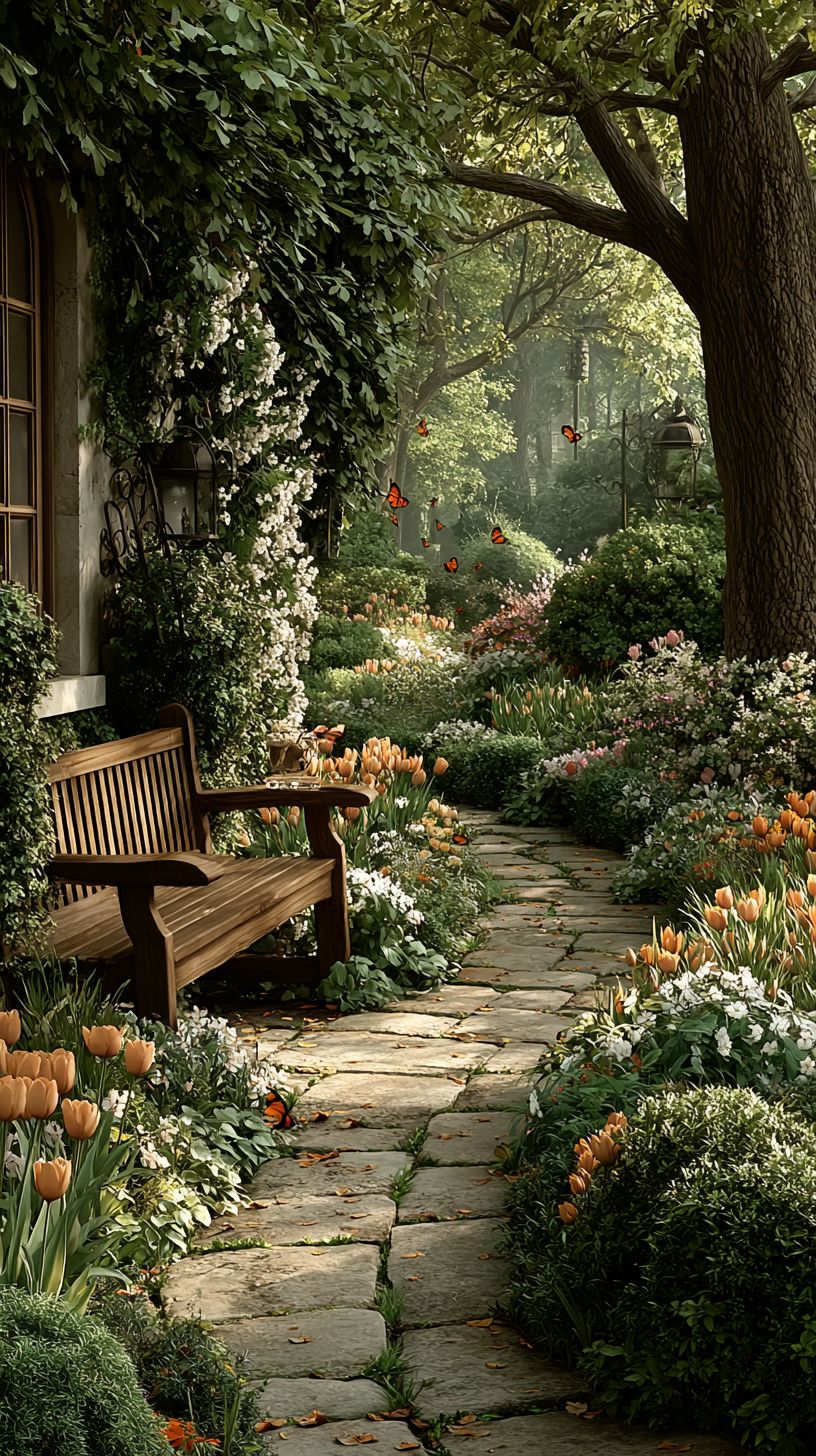 A spring garden features green shrubs, blooming tulips, and a stone bench