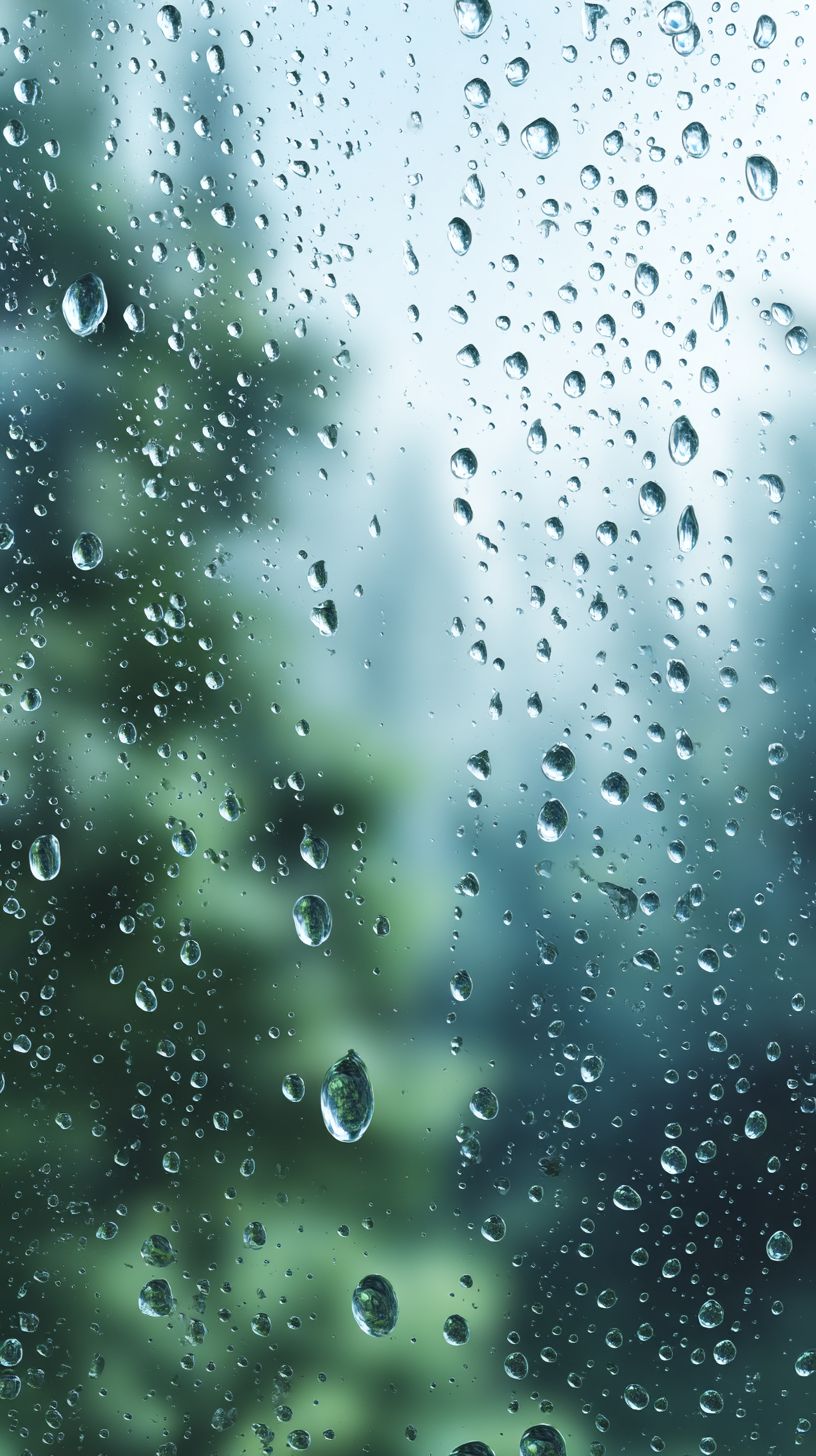 Un large mur en verre blanc avec des gouttes d'eau translucides teintées de bleu, en arrière-plan une forêt verte