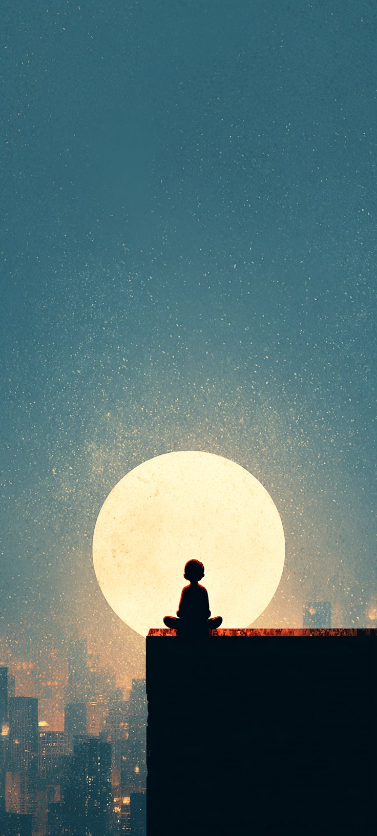 A young boy sits cross-legged on a rooftop, gazing at a giant glowing full moon