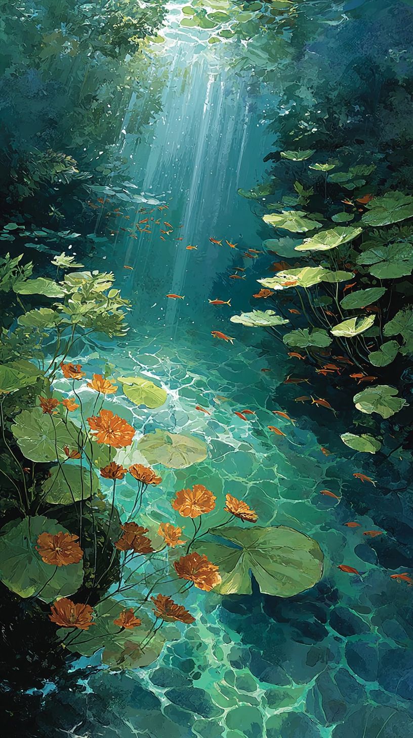 Underwater scene with sunlight rays penetrating water, vibrant aquatic plants and small fish swimming