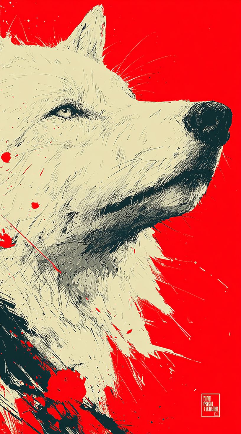 An illustration of a wolf's head in black ink on a red and white background