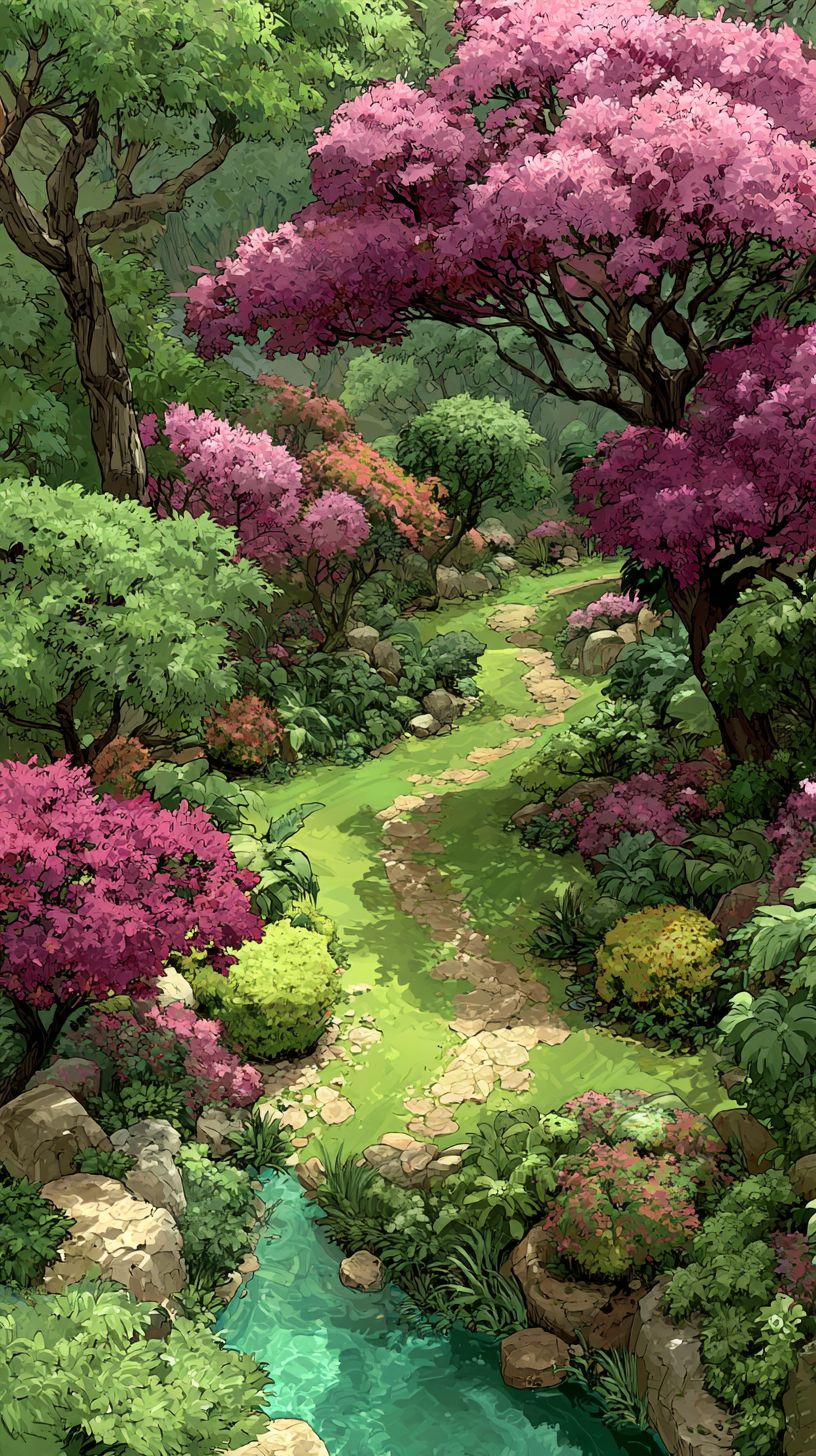 Un parque de primavera con céspedes esmeralda, árboles en flor y un sendero sinuoso crea una atmósfera alegre y tranquila