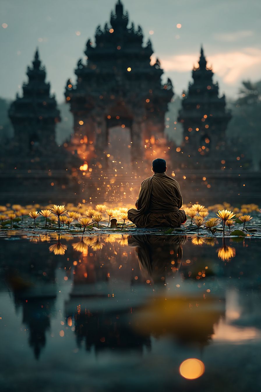 A monk sits on water with lotus flowers in front and Borobudur temple in the background