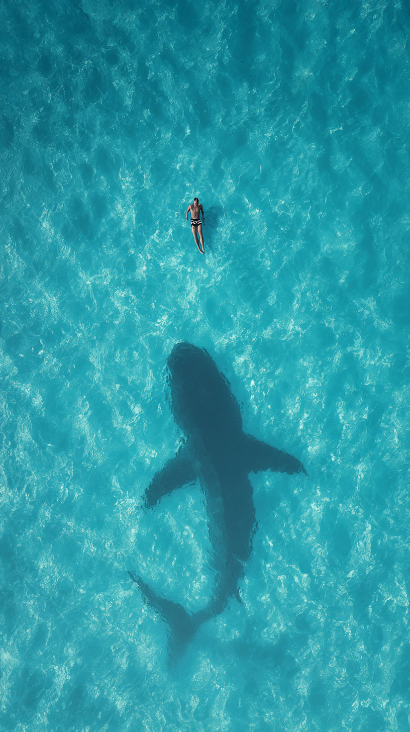 Ein einsamer Schwimmer schwebt an der Oberfläche eines klaren blauen Ozeans, mit dem Schatten eines großen schwarzen Sharks darunter