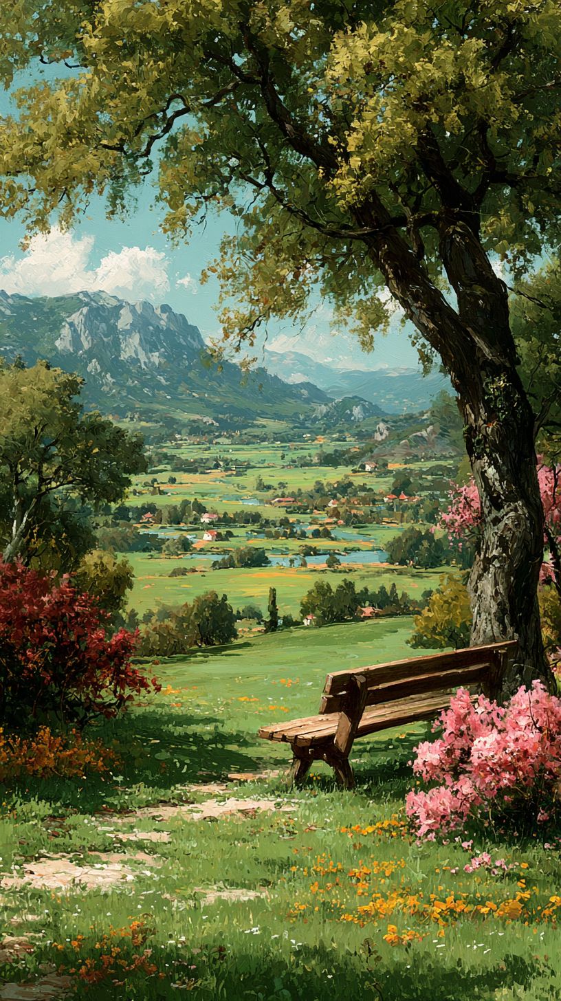 A serene countryside scene with green fields, colorful flowers, and a wooden bench