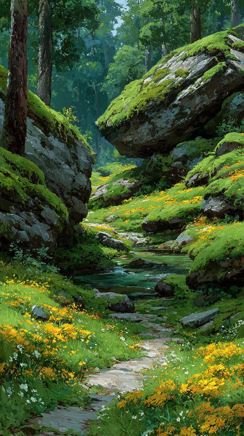 A green forest clearing features mossy rocks, blooming wildflowers, and dappled sunlight